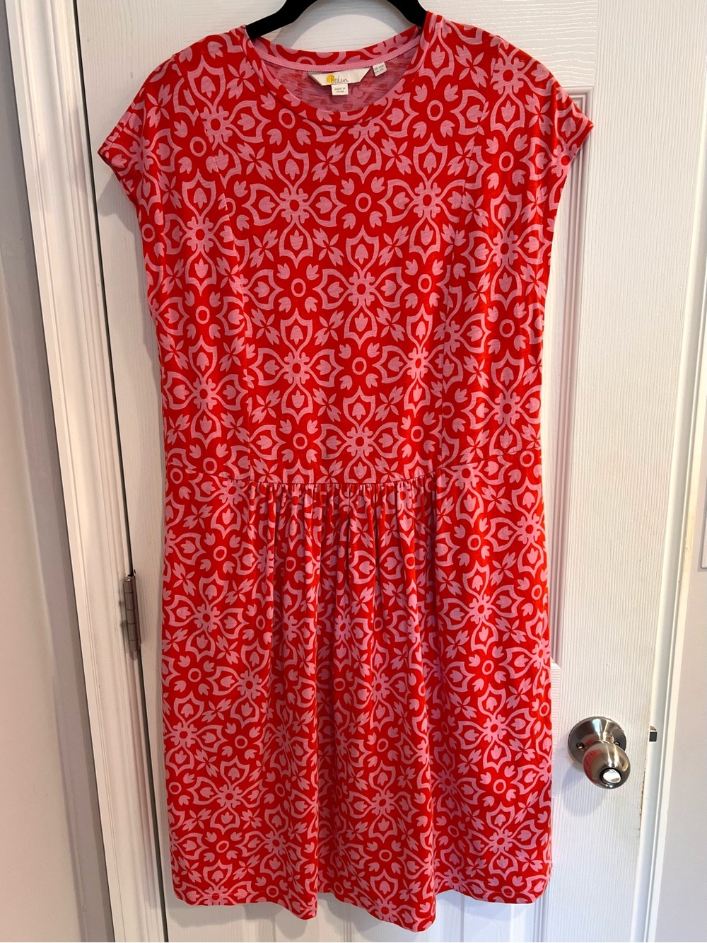 Boden 100% Cotton Flowy Midi Dress Red Pink Tile Geometric Floral Print Pockets